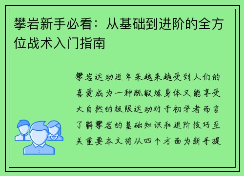攀岩新手必看：从基础到进阶的全方位战术入门指南